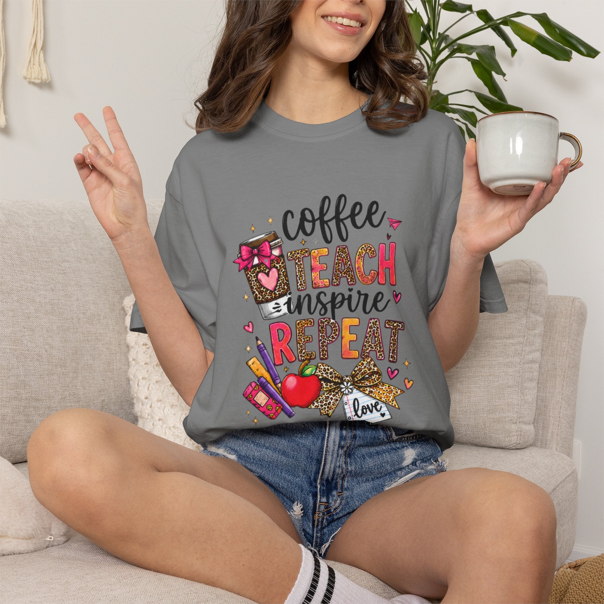 Teacher Coffee Teach Inspire Repeat T‑Shirt