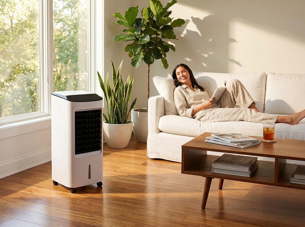 Best Portable Air Cooler Stand Up Room Cooler in a bright modern living room with natural daylight