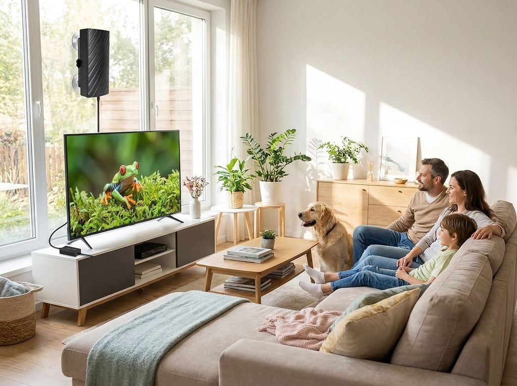 Long Range Indoor HDTV 4K Digital Antenna in a cozy living room with family watching TV