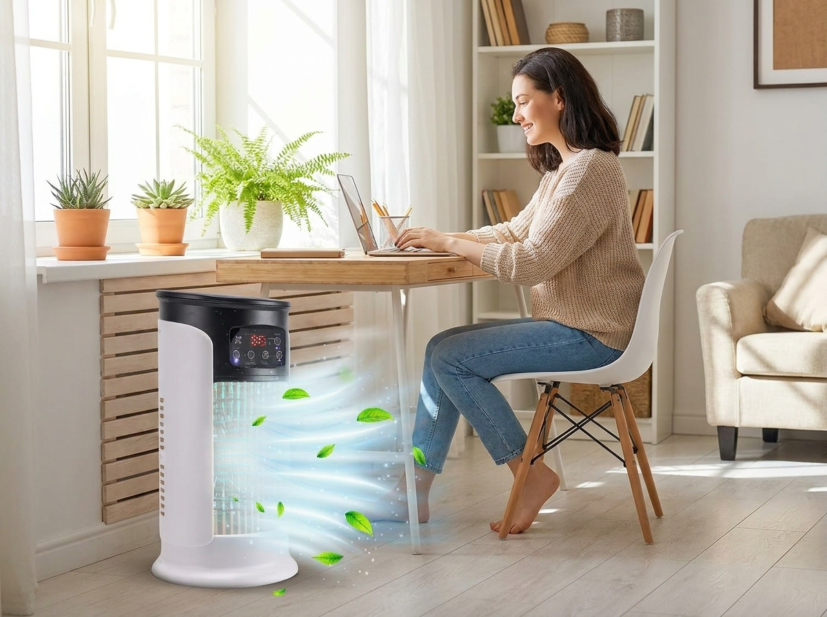 Best Portable Air Conditioner Stand Up Room Cooler in a bright home office with natural light
